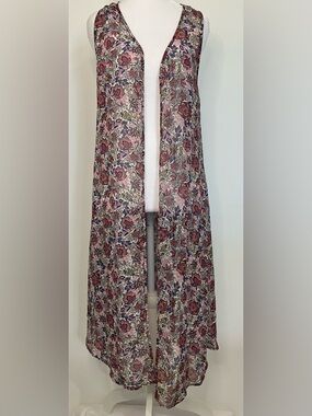 LA Hearts Boho Kimono Duster Floral Sleeveless Festival XS Small Sheer Layering